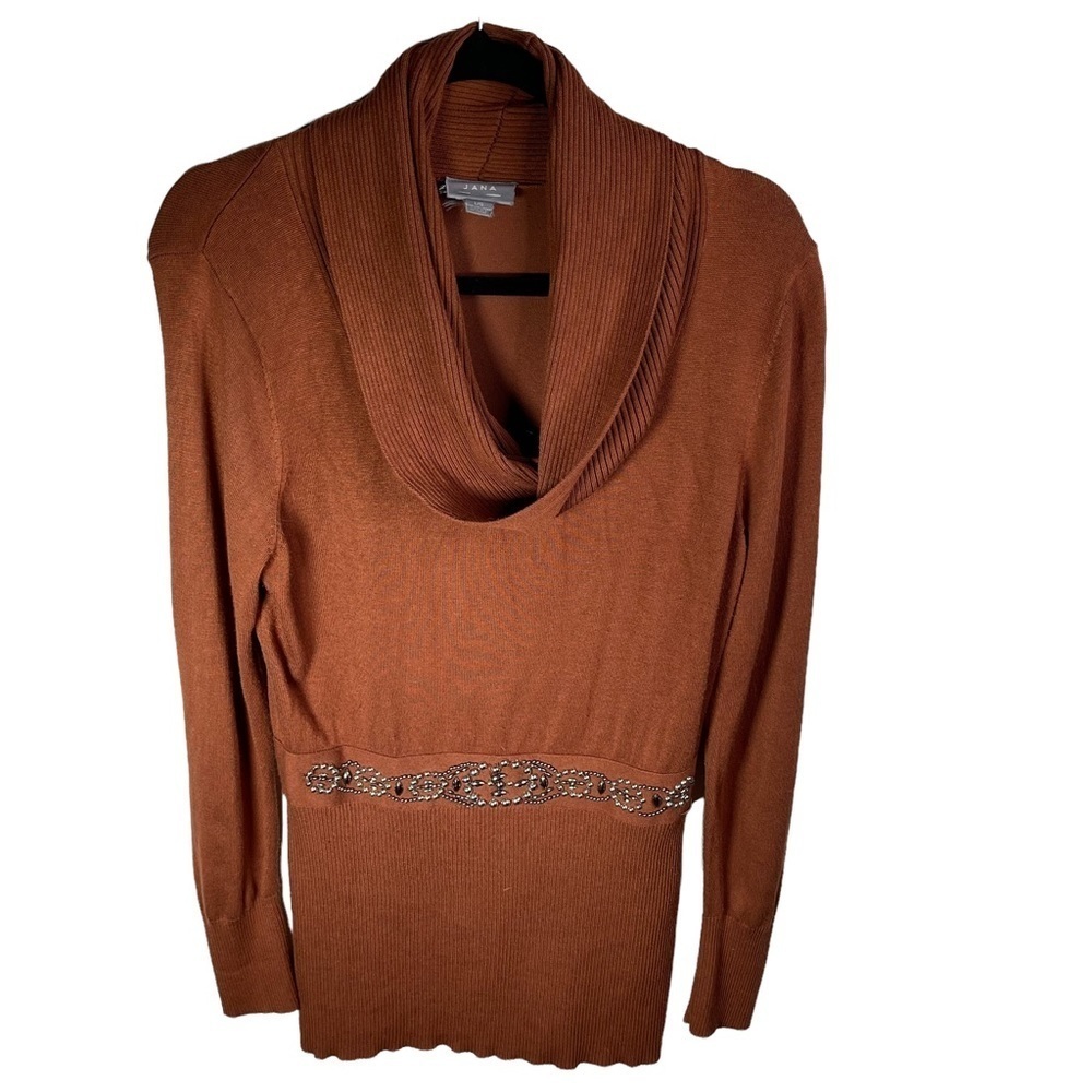Jana Women’s Orange Cowl Neck Long Sleeve Top Beaded Waist Large